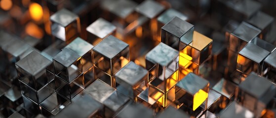 Fototapeta premium Metallic Cubes: An abstract composition of gleaming metallic cubes arranged, showcasing intricate reflections, and an interplay of light, offering a modern aesthetic