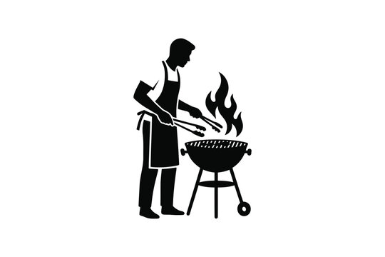 Man grilling meat on outdoor barbecue silhouette - BBQ master chef cooking on charcoal grill with flames black and white artwork