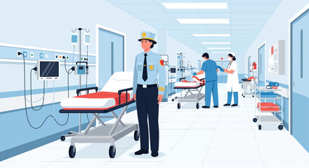 Obraz premium Security guard standing in hospital corridor.