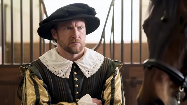 Pensive Elizabethan Gentleman in Period Costume Stands Beside a Horse Evoking Themes of History Nobility and Reflective Portraiture