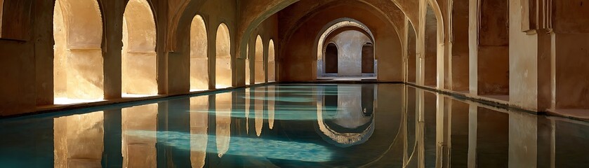 Fototapeta premium Arched interior space features a long, reflective pool illuminated by natural light.