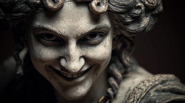 Close up of sinister Roman woman statue with eerie smile and dramatic shadows. Cinematic animation style evokes mystery, history and dark mythology in powerful artistic concept.