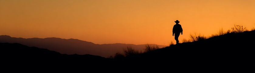 Naklejka premium Lone figure wearing a broad hat walks along a ridge against an intensely orange sunset.
