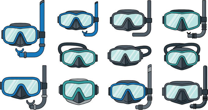 Snorkeling and diving mask icon set flat vector collection of scuba goggles and snorkel gear isolated on light background