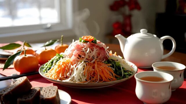 Vibrant Yu Sheng Prosperity Toss Salad with Tea & Mandarins for Lunar New Year Celebration