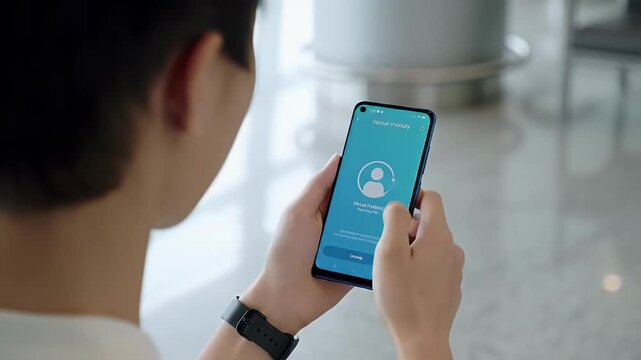 Person using smartphone for biometric facial recognition authentication secure mobile payment and digital identity verification concept in a modern setting