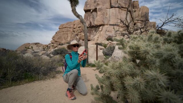 Mature woman hikes through Joshua Tree National Park, climbing rocks and observing cholla cactus among other plants.