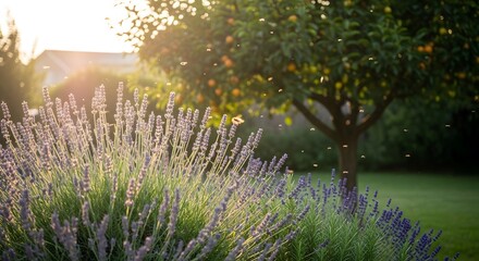 Beautiful lavender field blooming under warm golden sunset light with insects flying around in a peaceful garden setting.