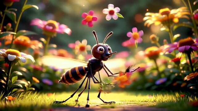 Playful cartoon bee character happily collecting pollen from vibrant wildflowers in a lush garden setting perfect for children s illustrations and springtime designs