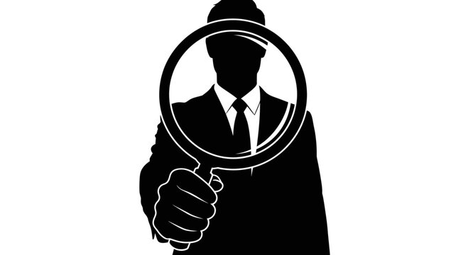 Silhouette of a businessman holding a magnifying glass in front of his face.