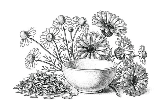 Chamomile and calendula flowers with seeds and bowl vector illustration for herbal tea