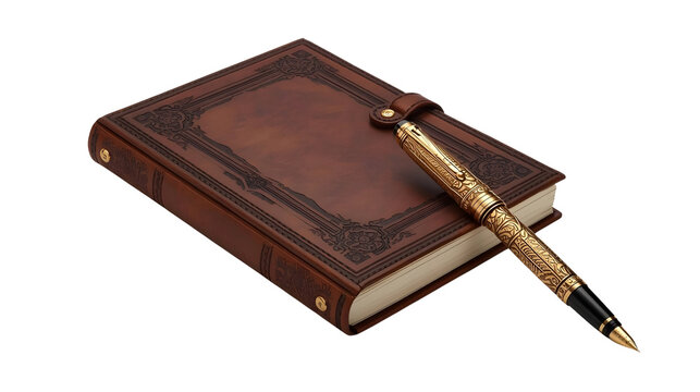 leather notebook with gold fountain pen premium writing concept, png, isolated on transparent background