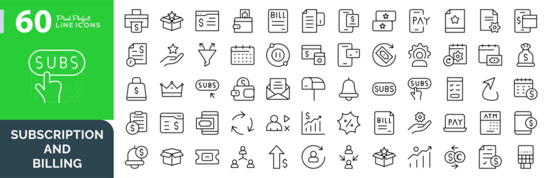 Subscription and Billing Services Line Icon pack. Bill, payment, membership, subscription plan, digital payment, icons vector illustration. Editable pixel-perfect stroke icon