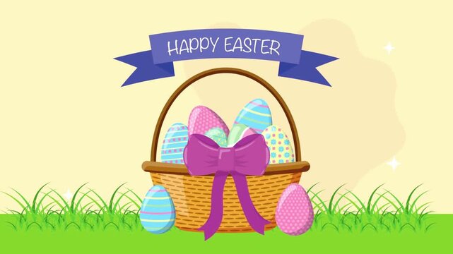 Happy Easter Basket with Decorated Eggs in Green Grass