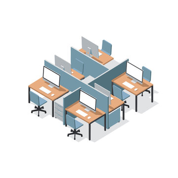 Modern Office Cubicles with Computers and Chairs Isometric View.