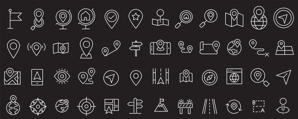 Navigation thin line icon set. Determining geographic location, route planning, and spatial orientation. Geolocation, pinpoint, map, road, compass, check point, GPS © Daishin