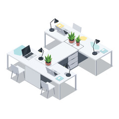 Obraz premium Modern Office Desks with Laptops and Plants Isometric View.