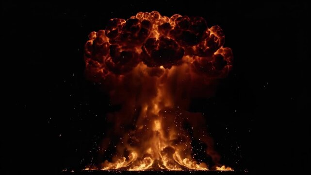 A powerful explosion erupts with intense orange and yellow flames against a dark background Fire shoots upwards creating a dramatic and destructive spectacle