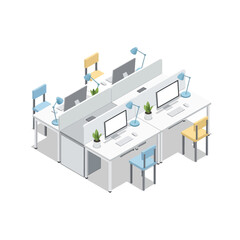 Fototapeta premium Modern Office Workstation Setup with Computers and Chairs.
