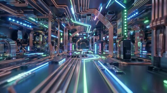 A futuristic industrial complex glows with vibrant neon lights Intricate machinery and glowing conduits create a captivating scene of advanced technology and innovation