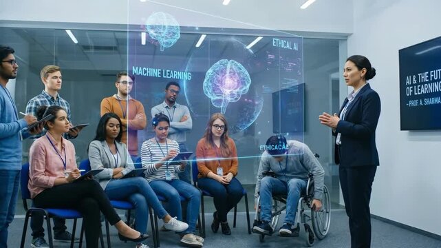 A diverse group of people attend a presentation in a modern room A woman points to a holographic brain displaying complex data and diagrams