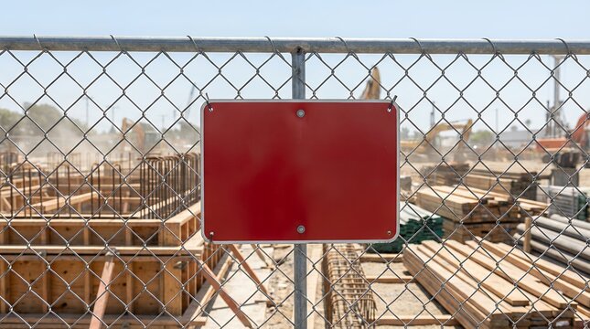 A blank red sign is attached to a chain link fence in front of a construction site with heavy machinery and materials building empty warning danger security area industrial