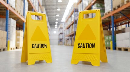 Two yellow wet floor caution signs stand in a brightly lit warehouse aisle filled with stacked boxes on tall shelves warning sign safety sign warning safety hazard alert danger