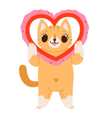 Fototapeta premium Cute Cat Holding Heart Frame. Adorable cartoon cat holding red heart frame, perfect for Valentine cards, romantic messages, love stickers and cute holiday designs.