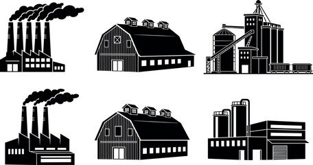 Industrial buildings silhouette collection featuring factories, barns and processing plants, manufacturing architecture icons for industry and agriculture isolated on white background set © MdMojibar