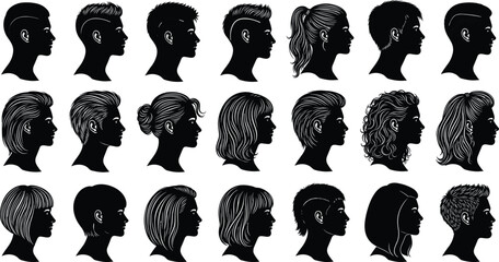 WebMen and women hairstyle silhouettes collection, diverse short and long hair profile portraits isolated on white background vector illustration set © Md