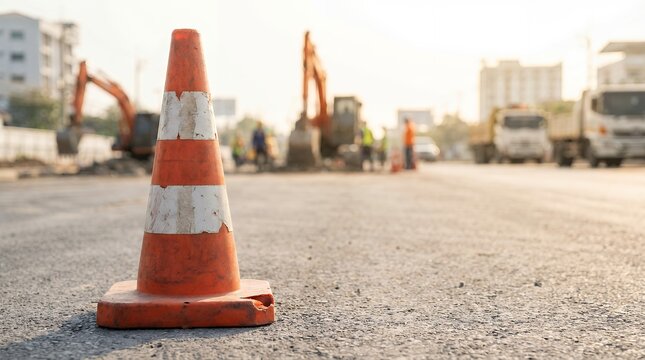 Orange and white traffic cone in the foreground of a road construction site with excavators and trucks in the background road work safety warning cones barrier equipment machinery