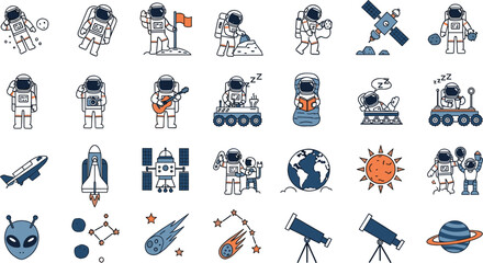 Cute Astronaut Cartoon Icon Set, Space Exploration Doodle Collection, Rocket, Satellite, Planet, Telescope, Galaxy Elements Vector Illustration Pack © MdMostafijur