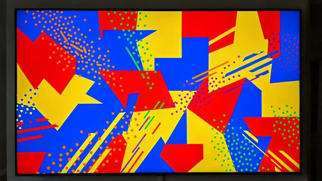 Abstract design featuring colorful geometric shapes and scatter patterns.