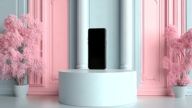 Modern minimalist display of a sleek black object in a pastel setting
