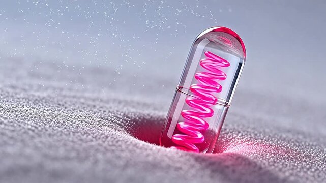 Transparent capsule with pink spiral inside