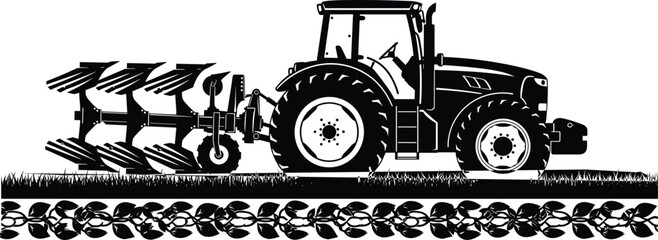 Agricultural Tractor with Plow Equipment Silhouette Farming Machinery Black Vector Illustration Rural Field Cultivation Design © Rayhan