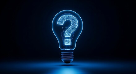 Glowing blue lightbulb with a question mark symbolizing inquiry and technological innovation in a dark environment representing curiosity and problem solving.