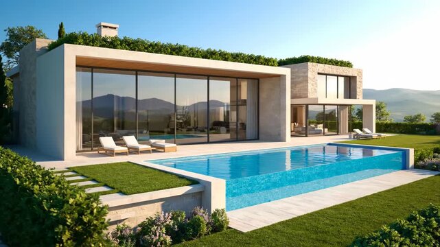 A detailed architectural blueprint transforms into a stunning modern luxury villa. This elegant design features a beautiful swimming pool and lush green landscape.