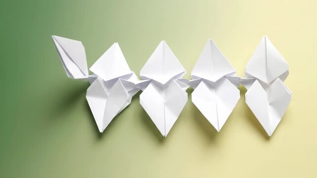 White origami shapes appear and connect on a gradient background. These geometric paper crafts form a decorative horizontal chain.