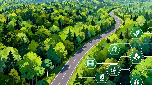 Winding road through lush green forest