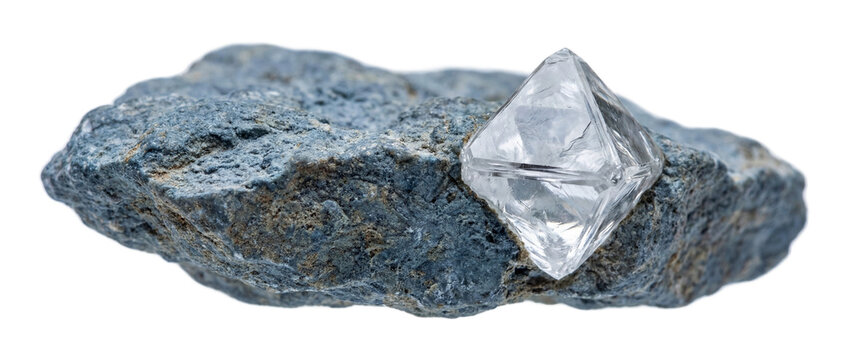 Side profile of raw diamond protruding from kimberlite PNG cutout element on transparent background illustrating the discovery of wealth and the rare geological formation of precious stones