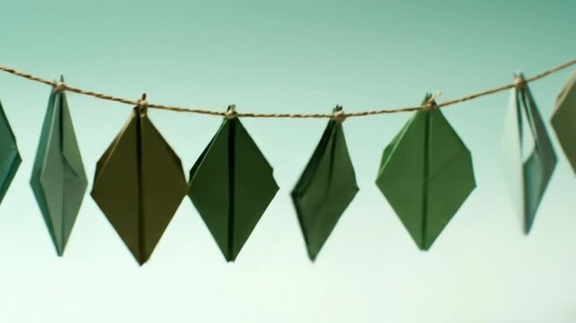 Hands carefully fold green paper into an origami shape. The finished paper leaves are hung on a string as decoration.