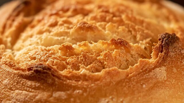 Bubbling liquid transforms into a golden, crusty baked surface. Watch as dough rises and bakes into a delicious, textured bread.