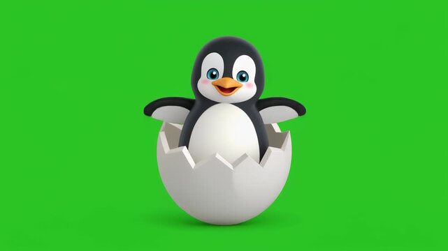 Cartoon penguin hatches from egg animation.