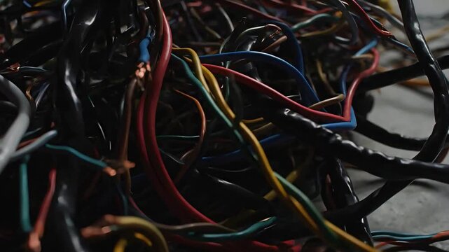 Tangled electrical wires scattered on the floor in dark shadows