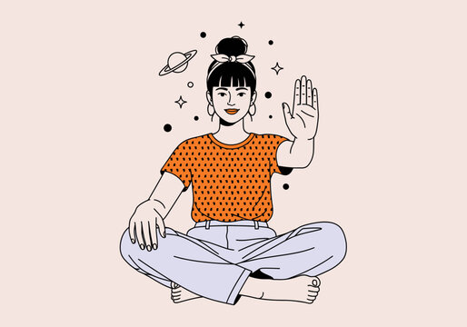 Woman Sitting Cross Legged Calm Stop Gesture Mindfulness Illustration