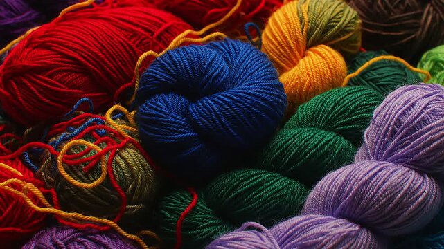 Tangled colorful yarn balls piled in a chaotic heap with loose strands