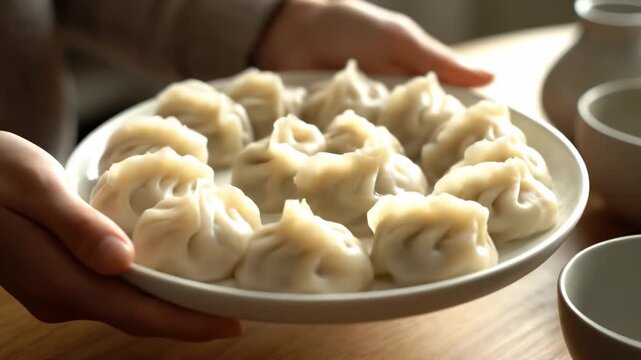 Hands Presenting a Plate of Freshly Steamed Homemade Dumplings, Ready to Be Served for a Delicious Meal