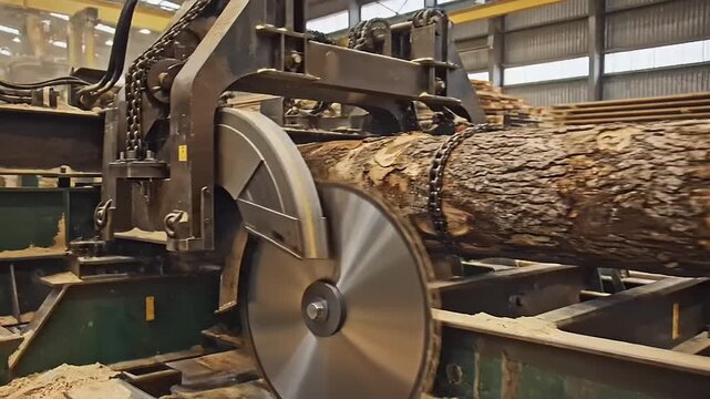 Heavy-duty industrial log carriage mechanism with spinning saw cutting timber in a busy mill environment, showcasing efficient wood processing operations.
