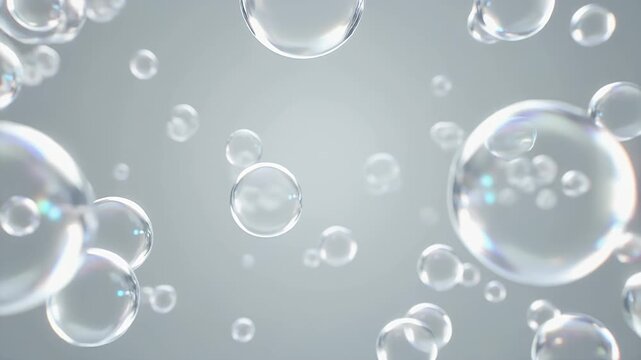 Spherical objects floating in a serene environment, viewed from a close-up perspective, showcasing transparent orbs in a calm atmosphere.